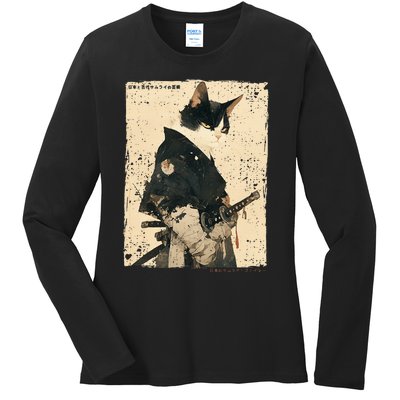 Samurai Cat Warrior Ukiyo Ink Artwork Cat Samurai Ladies Long Sleeve Shirt