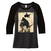 Samurai Cat Warrior Ukiyo Ink Artwork Cat Samurai Women's Tri-Blend 3/4-Sleeve Raglan Shirt