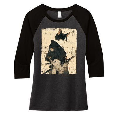 Samurai Cat Warrior Ukiyo Ink Artwork Cat Samurai Women's Tri-Blend 3/4-Sleeve Raglan Shirt