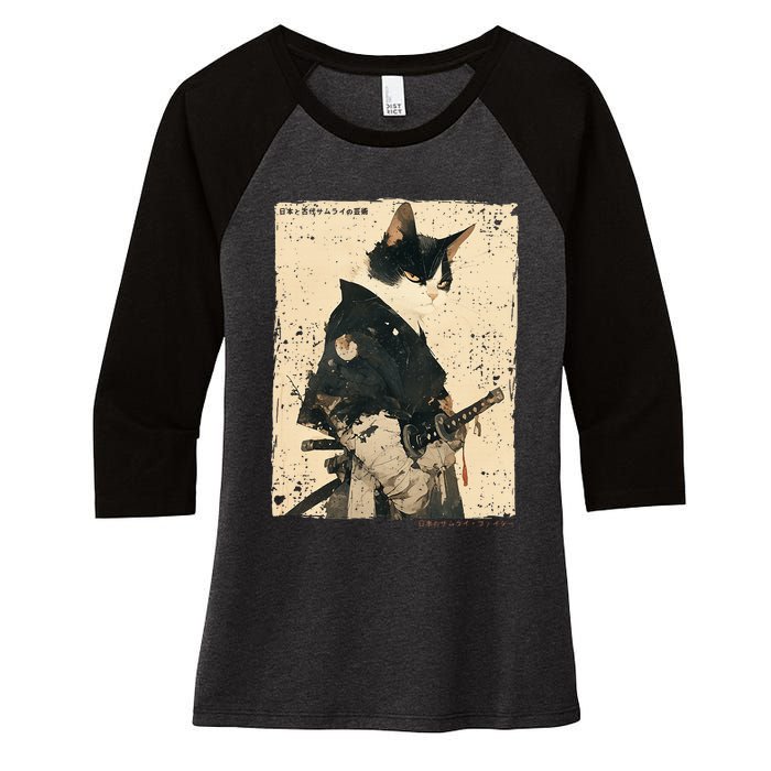 Samurai Cat Warrior Ukiyo Ink Artwork Cat Samurai Women's Tri-Blend 3/4-Sleeve Raglan Shirt