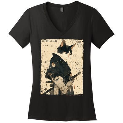 Samurai Cat Warrior Ukiyo Ink Artwork Cat Samurai Women's V-Neck T-Shirt