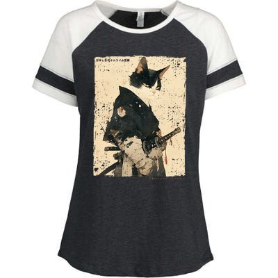 Samurai Cat Warrior Ukiyo Ink Artwork Cat Samurai Enza Ladies Jersey Colorblock Tee