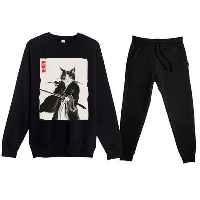 Samurai Cat Warrior Ink Art Funny Japanese Style Premium Crewneck Sweatsuit Set