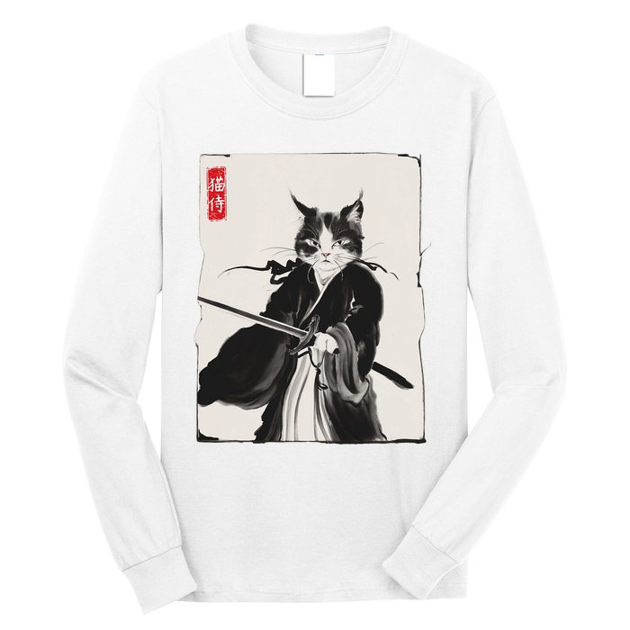 Samurai Cat Warrior Ink Art Funny Japanese Style Long Sleeve Shirt