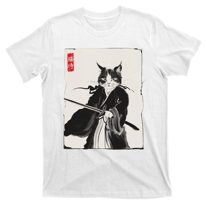 Samurai Cat Warrior Ink Art Funny Japanese Style T-Shirt