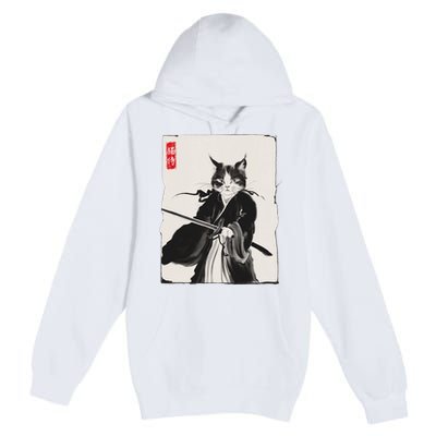 Samurai Cat Warrior Ink Art Funny Japanese Style Premium Pullover Hoodie