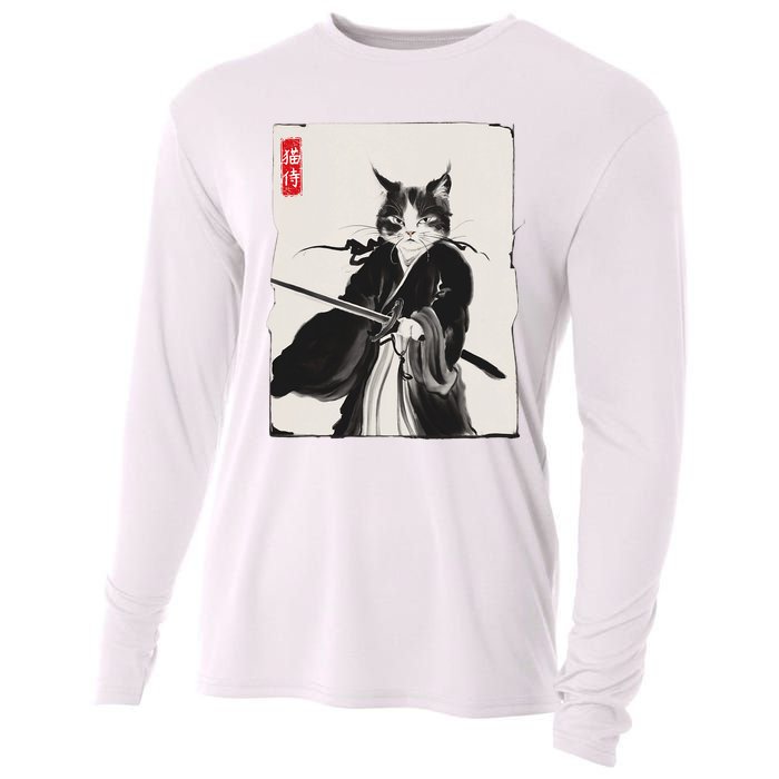 Samurai Cat Warrior Ink Art Funny Japanese Style Cooling Performance Long Sleeve Crew