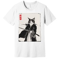 Samurai Cat Warrior Ink Art Funny Japanese Style Premium T-Shirt