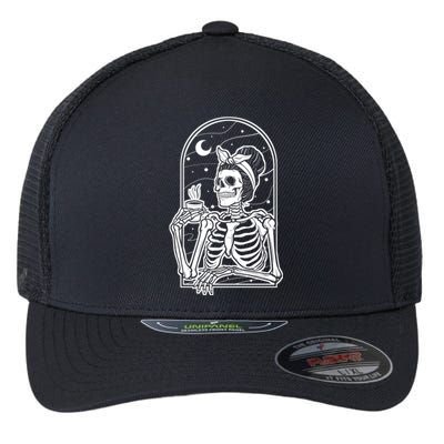 Skeleton Coffee With Messy Hair Design Gift Flexfit Unipanel Trucker Cap