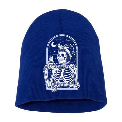 Skeleton Coffee With Messy Hair Design Gift Short Acrylic Beanie