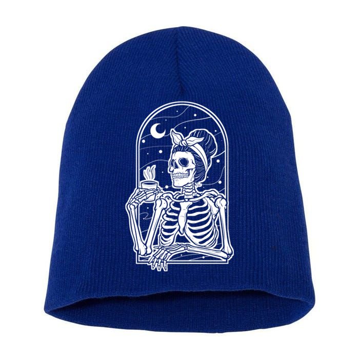 Skeleton Coffee With Messy Hair Design Gift Short Acrylic Beanie