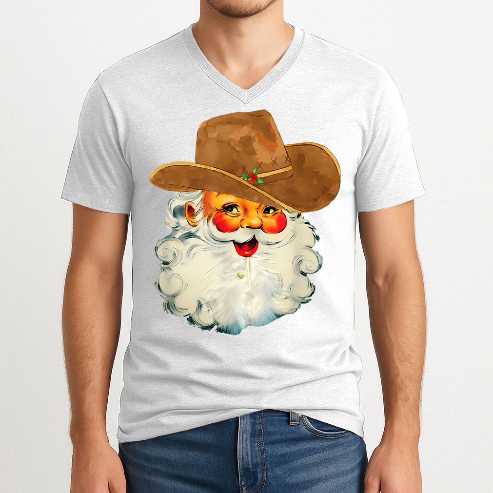 Santa Cowboy Western Christmas Xmas Holiday Pajamas V-Neck T-Shirt