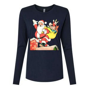 Santa Claus With His Friends On The Roof By The Fireplace At Christmas Retro Vin Womens Cotton Relaxed Long Sleeve T-Shirt