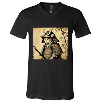 Samurai Cat Warrior Vintage Japanese Art Samurai Armor V-Neck T-Shirt