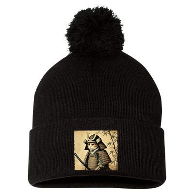 Samurai Cat Warrior Vintage Japanese Art Samurai Armor Pom Pom 12in Knit Beanie