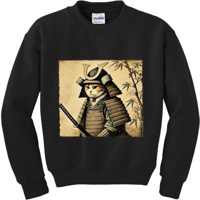 Samurai Cat Warrior Vintage Japanese Art Samurai Armor Kids Sweatshirt