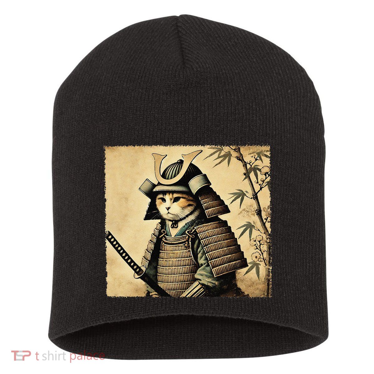Samurai Cat Warrior Vintage Japanese Art Samurai Armor Short Acrylic Beanie