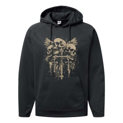 Skull Cross Wings Goth Alt Grunge Gothic Emo Aesthetic Performance Fleece Hoodie