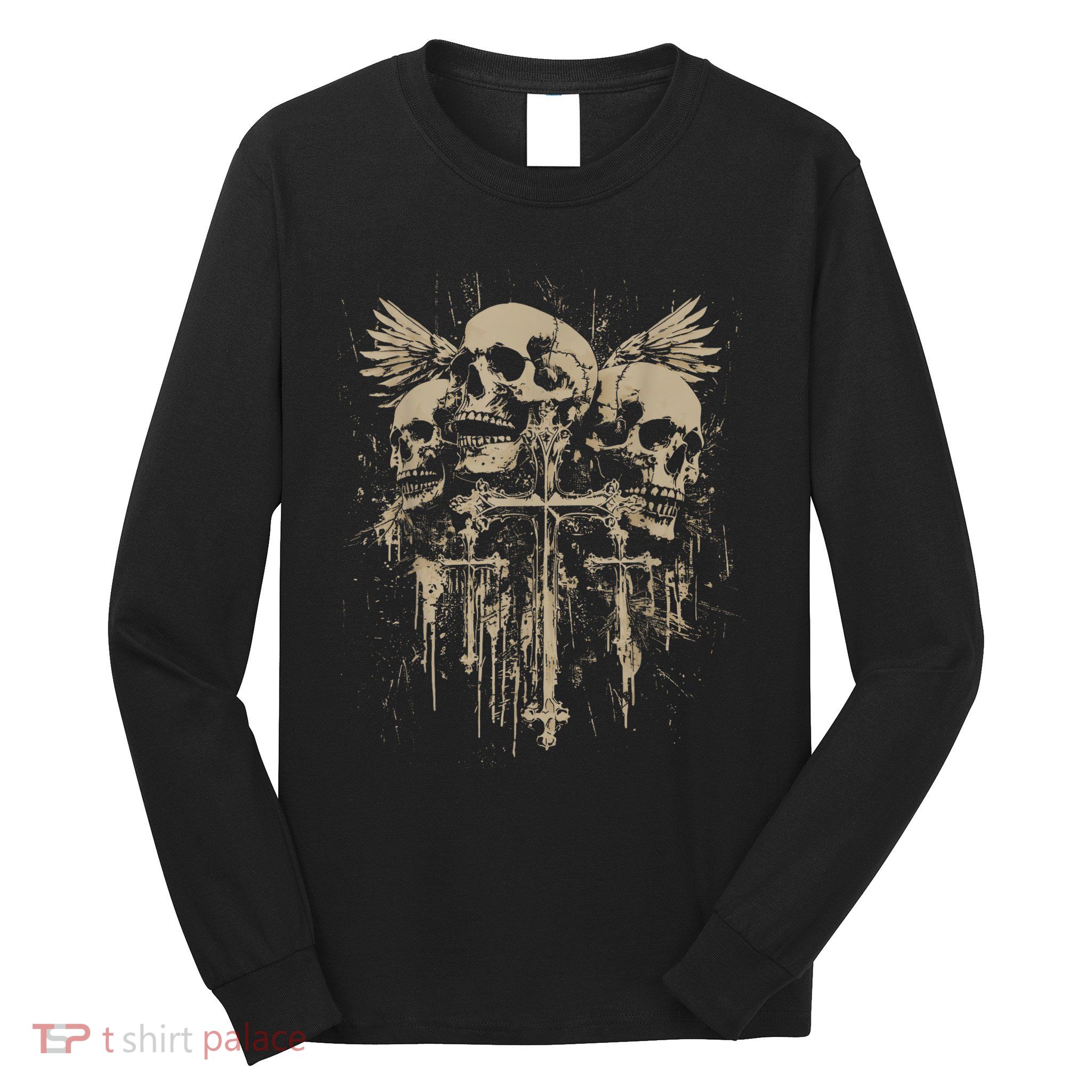 Skull Cross Wings Goth Alt Grunge Gothic Emo Aesthetic Long Sleeve Shirt
