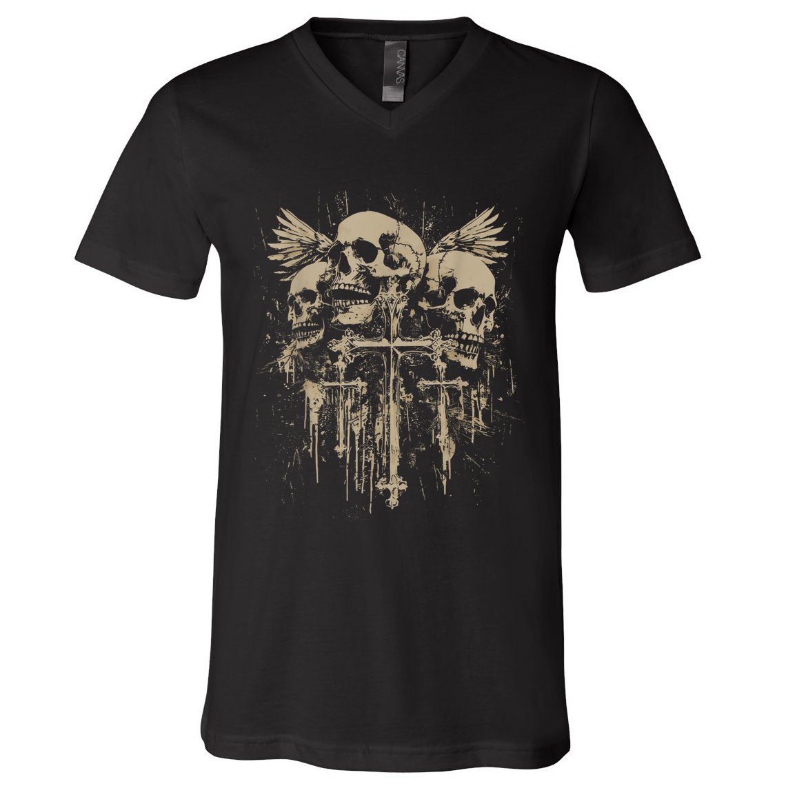 Skull Cross Wings Goth Alt Grunge Gothic Emo Aesthetic V-Neck T-Shirt