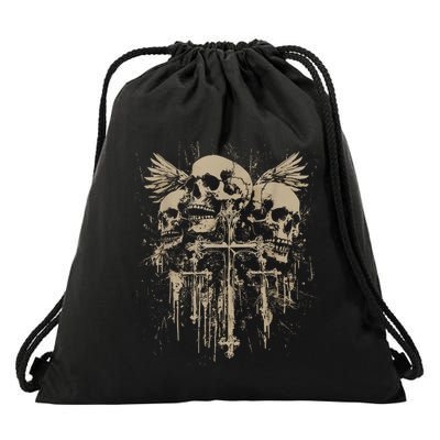 Skull Cross Wings Goth Alt Grunge Gothic Emo Aesthetic Drawstring Bag