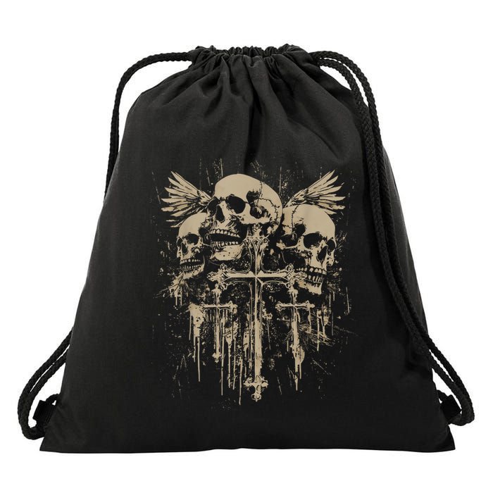 Skull Cross Wings Goth Alt Grunge Gothic Emo Aesthetic Drawstring Bag