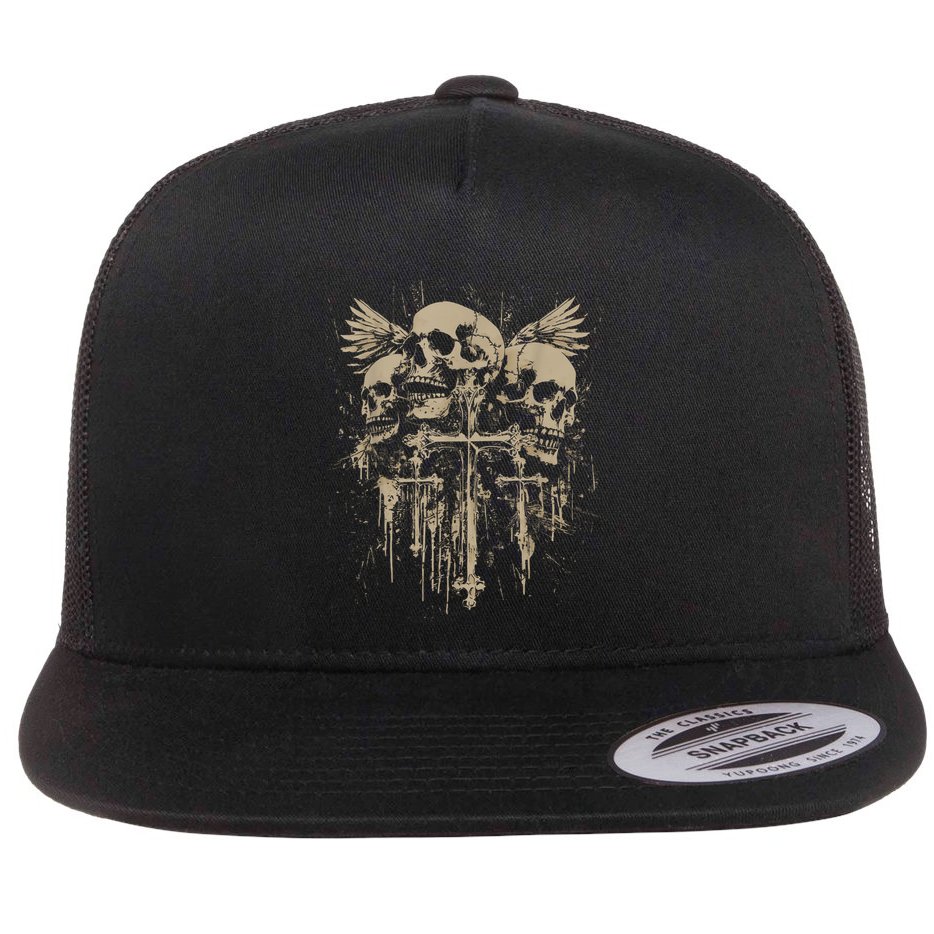 Skull Cross Wings Goth Alt Grunge Gothic Emo Aesthetic Flat Bill Trucker Hat