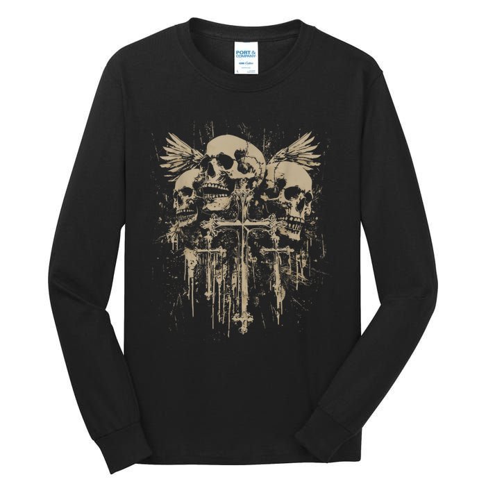 Skull Cross Wings Goth Alt Grunge Gothic Emo Aesthetic Tall Long Sleeve T-Shirt