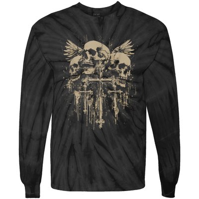 Skull Cross Wings Goth Alt Grunge Gothic Emo Aesthetic Tie-Dye Long Sleeve Shirt