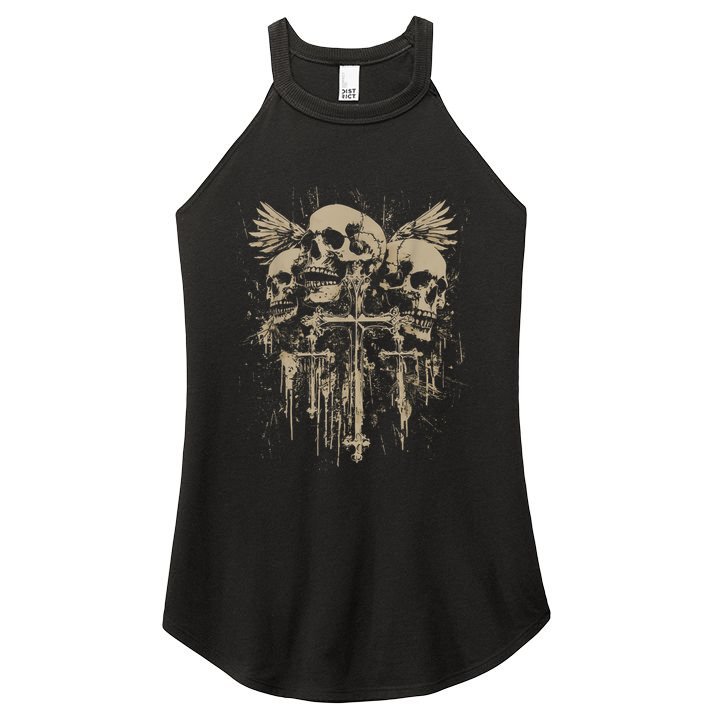 Skull Cross Wings Goth Alt Grunge Gothic Emo Aesthetic Women's Perfect Tri Rocker Tank
