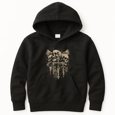 Skull Cross Wings Goth Alt Grunge Gothic Emo Aesthetic Kids Hoodie