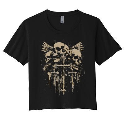 Skull Cross Wings Goth Alt Grunge Gothic Emo Aesthetic Women's Crop Top Tee