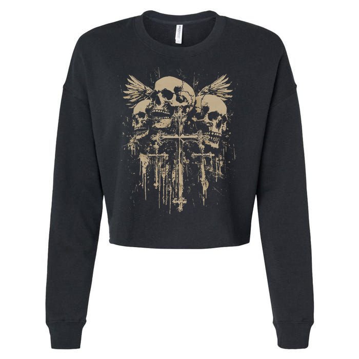 Skull Cross Wings Goth Alt Grunge Gothic Emo Aesthetic Cropped Pullover Crew