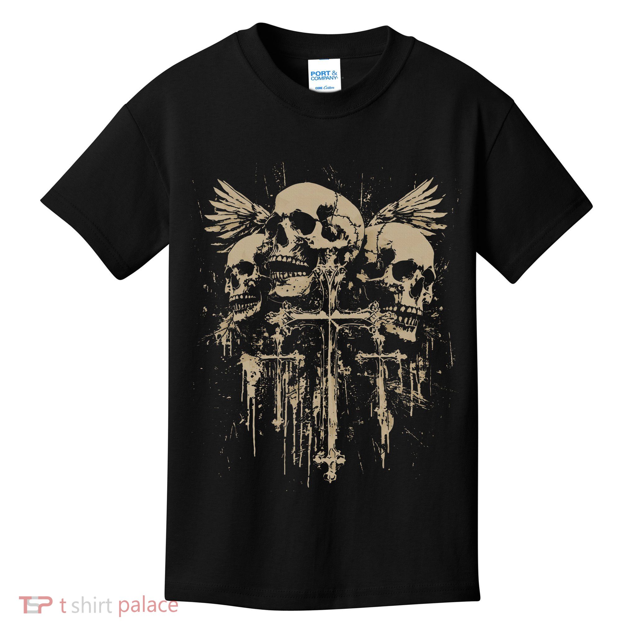 Skull Cross Wings Goth Alt Grunge Gothic Emo Aesthetic Kids T-Shirt