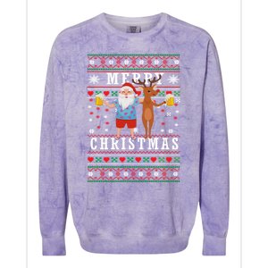 Santa Claus With Deer And Beer Merry Christmas Party Cool Gift Colorblast Crewneck Sweatshirt