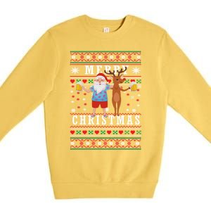 Santa Claus With Deer And Beer Merry Christmas Party Cool Gift Premium Crewneck Sweatshirt