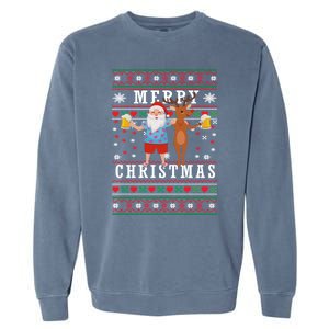 Santa Claus With Deer And Beer Merry Christmas Party Cool Gift Garment-Dyed Sweatshirt