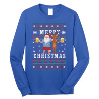 Santa Claus With Deer And Beer Merry Christmas Party Cool Gift Long Sleeve Shirt