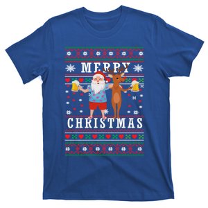 Santa Claus With Deer And Beer Merry Christmas Party Cool Gift T-Shirt