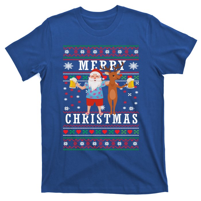 Santa Claus With Deer And Beer Merry Christmas Party Cool Gift T-Shirt