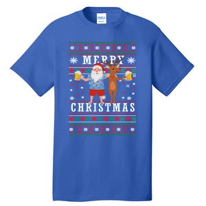 Santa Claus With Deer And Beer Merry Christmas Party Cool Gift Tall T-Shirt