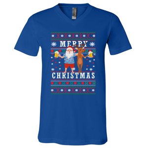 Santa Claus With Deer And Beer Merry Christmas Party Cool Gift V-Neck T-Shirt