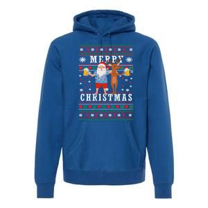 Santa Claus With Deer And Beer Merry Christmas Party Cool Gift Premium Hoodie