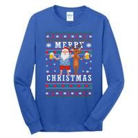 Santa Claus With Deer And Beer Merry Christmas Party Cool Gift Tall Long Sleeve T-Shirt