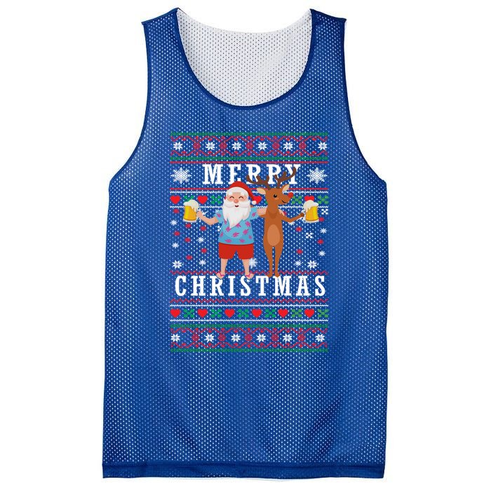 Santa Claus With Deer And Beer Merry Christmas Party Cool Gift Mesh Reversible Basketball Jersey Tank