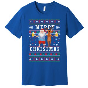 Santa Claus With Deer And Beer Merry Christmas Party Cool Gift Premium T-Shirt