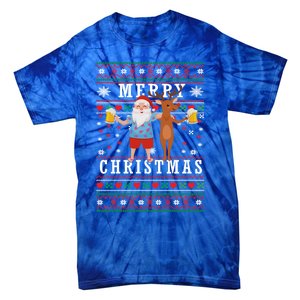 Santa Claus With Deer And Beer Merry Christmas Party Cool Gift Tie-Dye T-Shirt