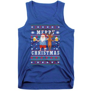 Santa Claus With Deer And Beer Merry Christmas Party Cool Gift Tank Top