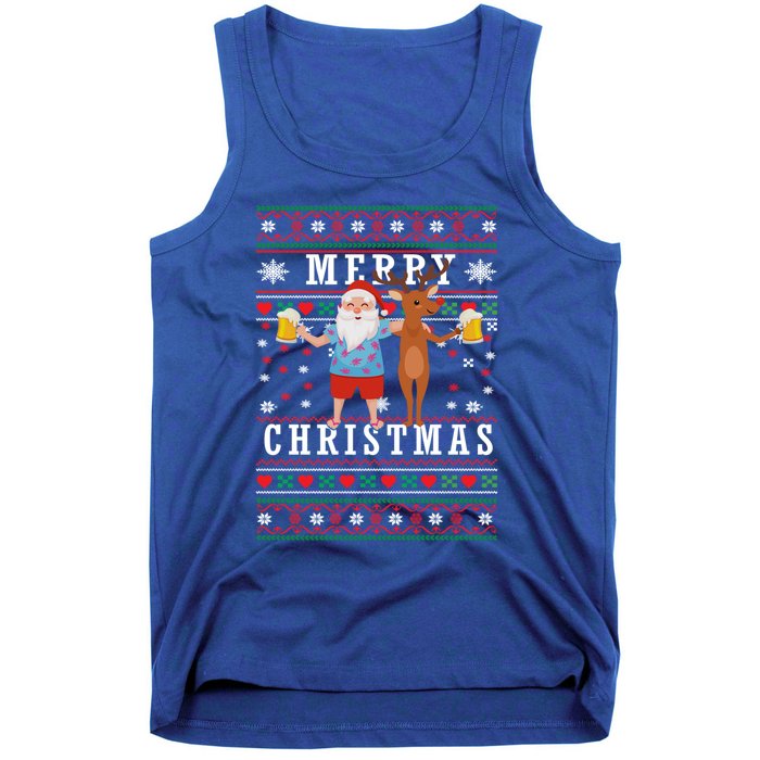 Santa Claus With Deer And Beer Merry Christmas Party Cool Gift Tank Top