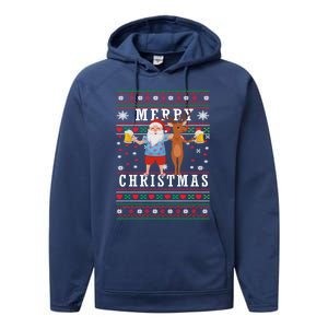 Santa Claus With Deer And Beer Merry Christmas Party Cool Gift Performance Fleece Hoodie